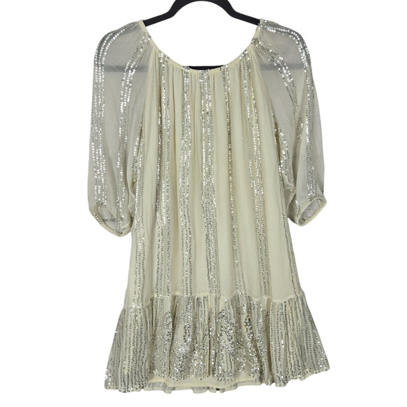 Carolina K Dress M Cream Sequin Sheer Sleeve Ruffle Tier Fairy Feminine Showgirl - Picture 2 of 15